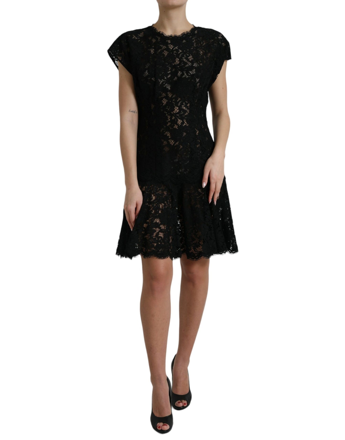 Vestido mini elegante de encaje floral negro con corte en A de Dolce &amp; Gabbana