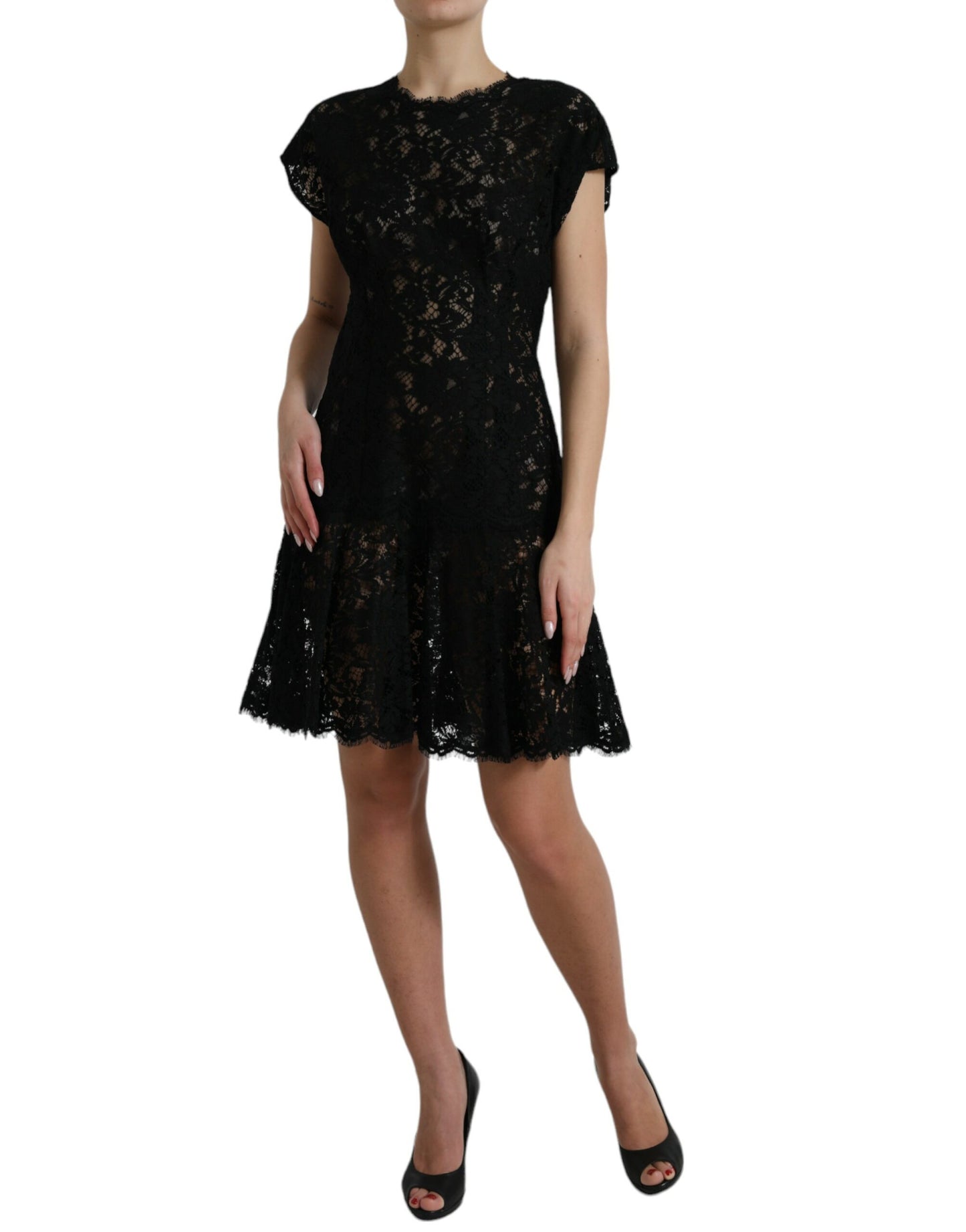 Vestido mini elegante de encaje floral negro con corte en A de Dolce &amp; Gabbana