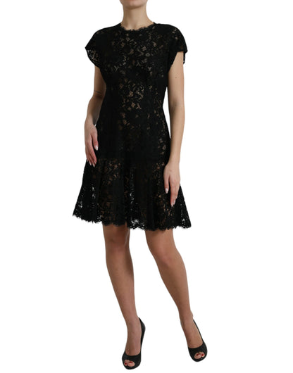 Vestido mini elegante de encaje floral negro con corte en A de Dolce &amp; Gabbana