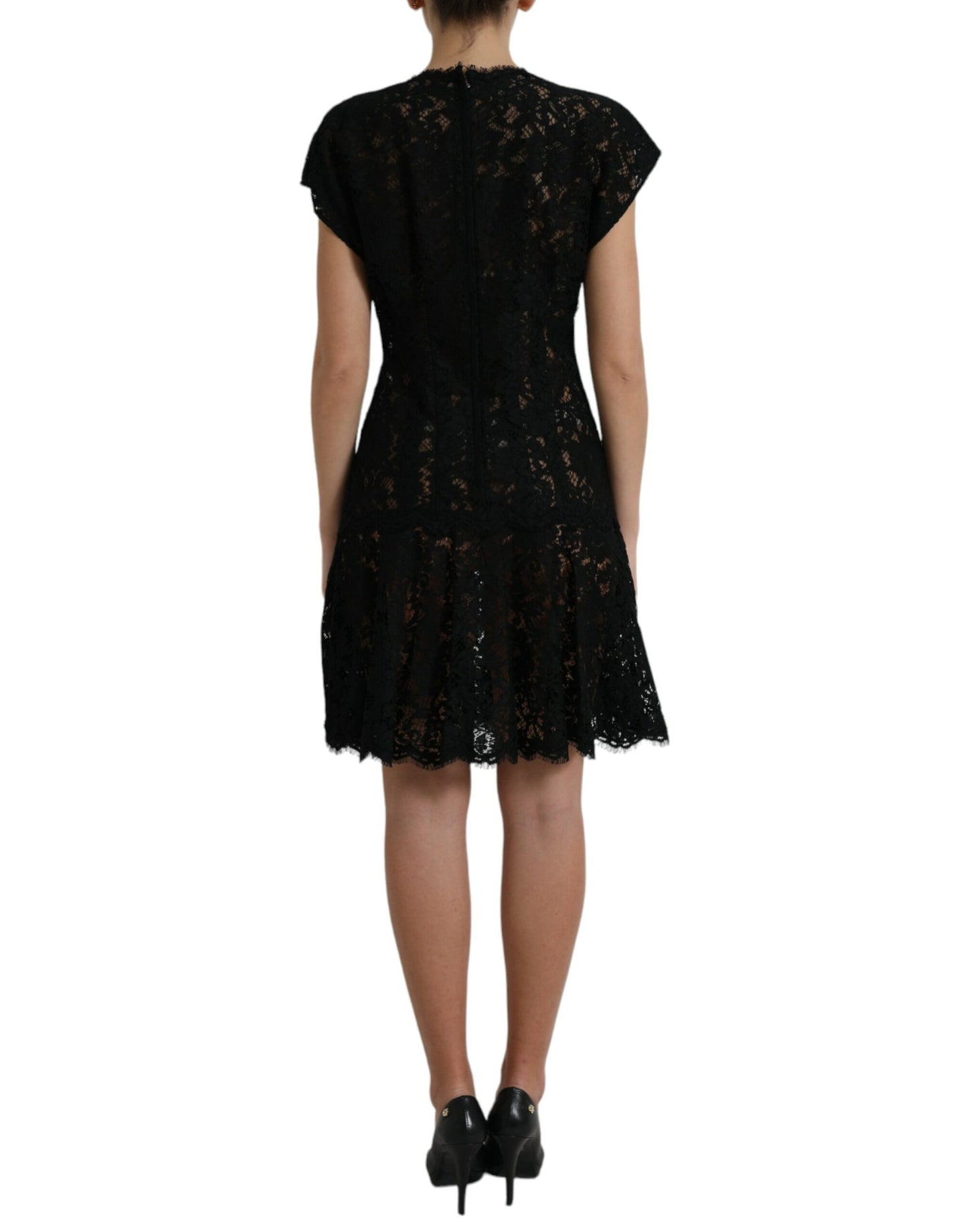 Vestido mini elegante de encaje floral negro con corte en A de Dolce &amp; Gabbana