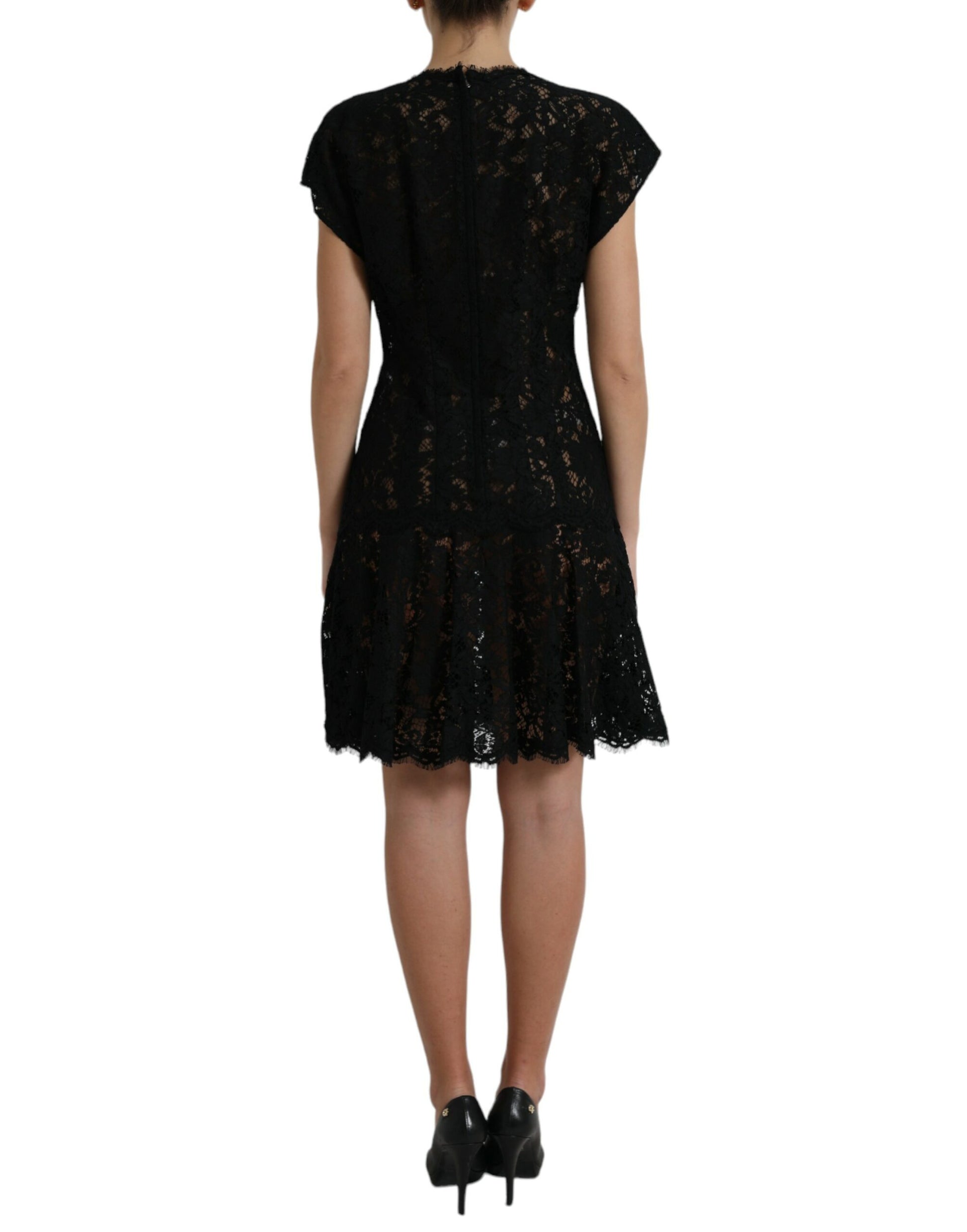 Vestido mini elegante de encaje floral negro con corte en A de Dolce &amp; Gabbana