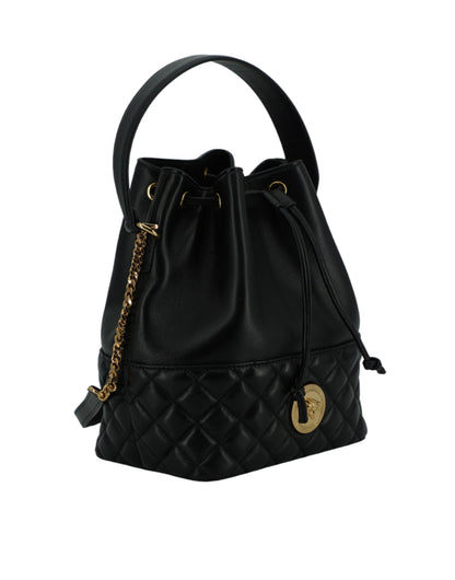 Versace Elegant Black Leather Medusa Bucket Shoulder Bag