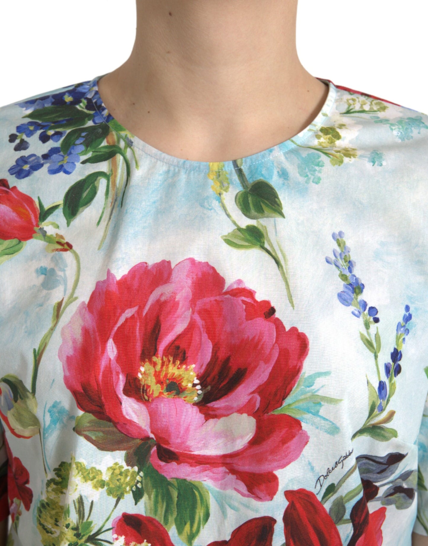 Top de algodón con cuello redondo y estampado floral elegante de Dolce &amp; Gabbana