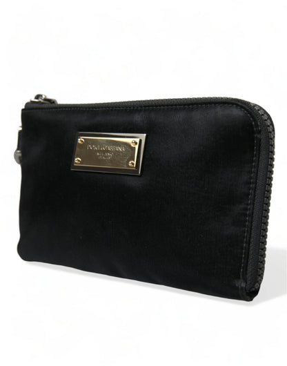 Elegant Black Nylon Leather Pouch with Silver Details