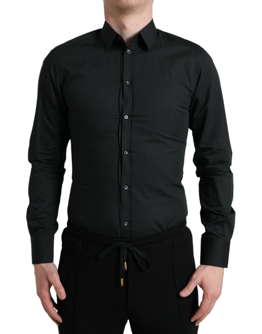 Camisa de vestir elegante entallada de mezcla de seda negra de Dolce &amp; Gabbana