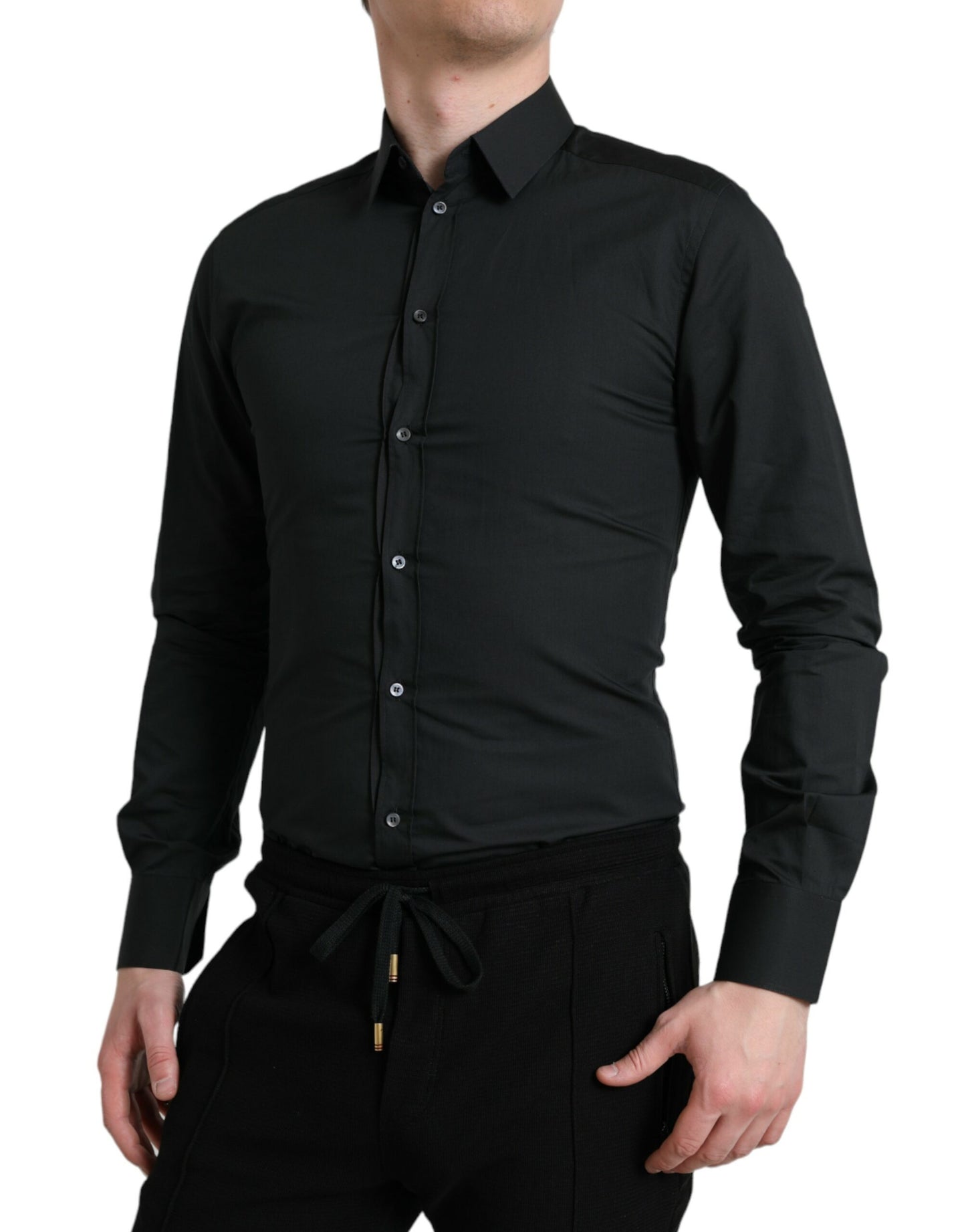 Camisa de vestir elegante entallada de mezcla de seda negra de Dolce &amp; Gabbana