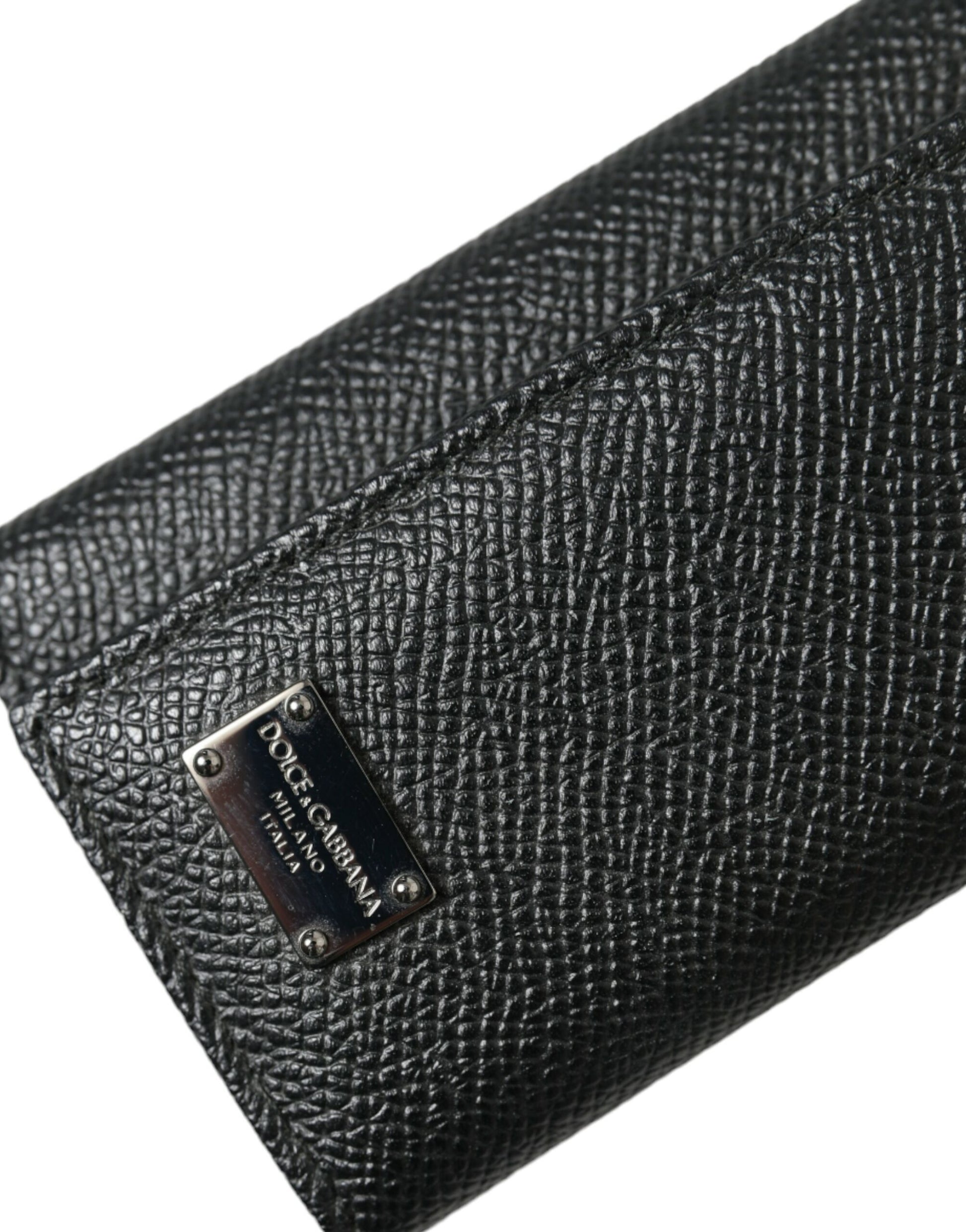 Llavero triple plegable con placa del logo en piel de becerro negra