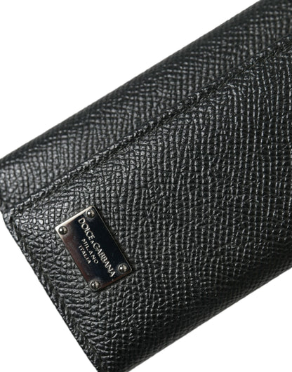 Llavero triple plegable con placa del logo en piel de becerro negra