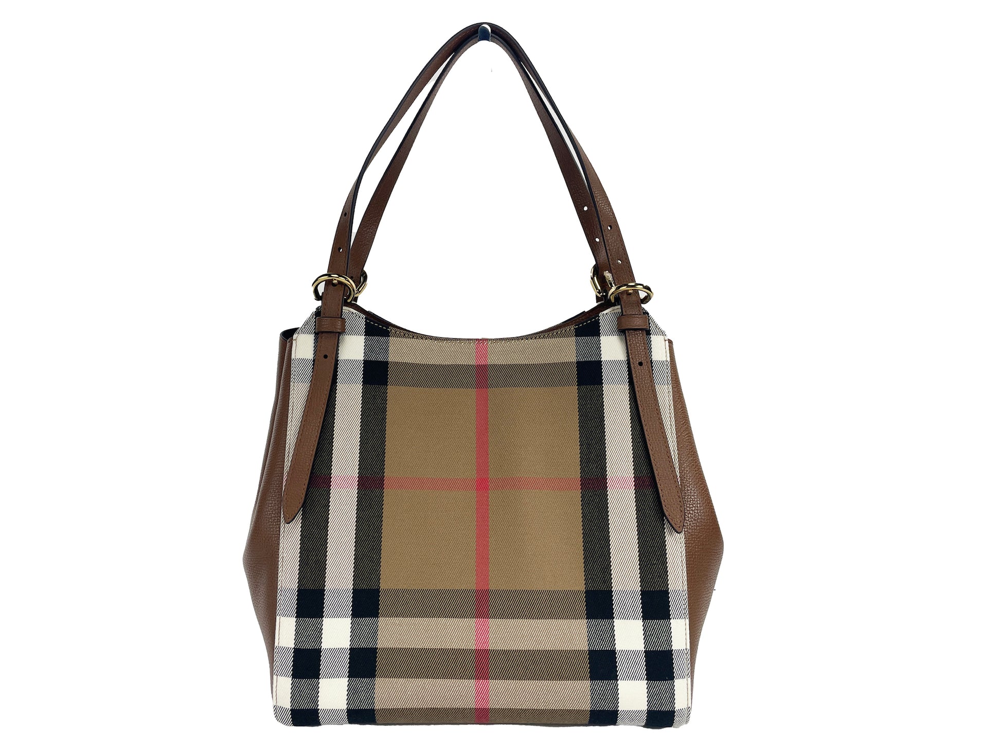 Bolso tote pequeño de lona a cuadros de cuero color canterby de Burberry