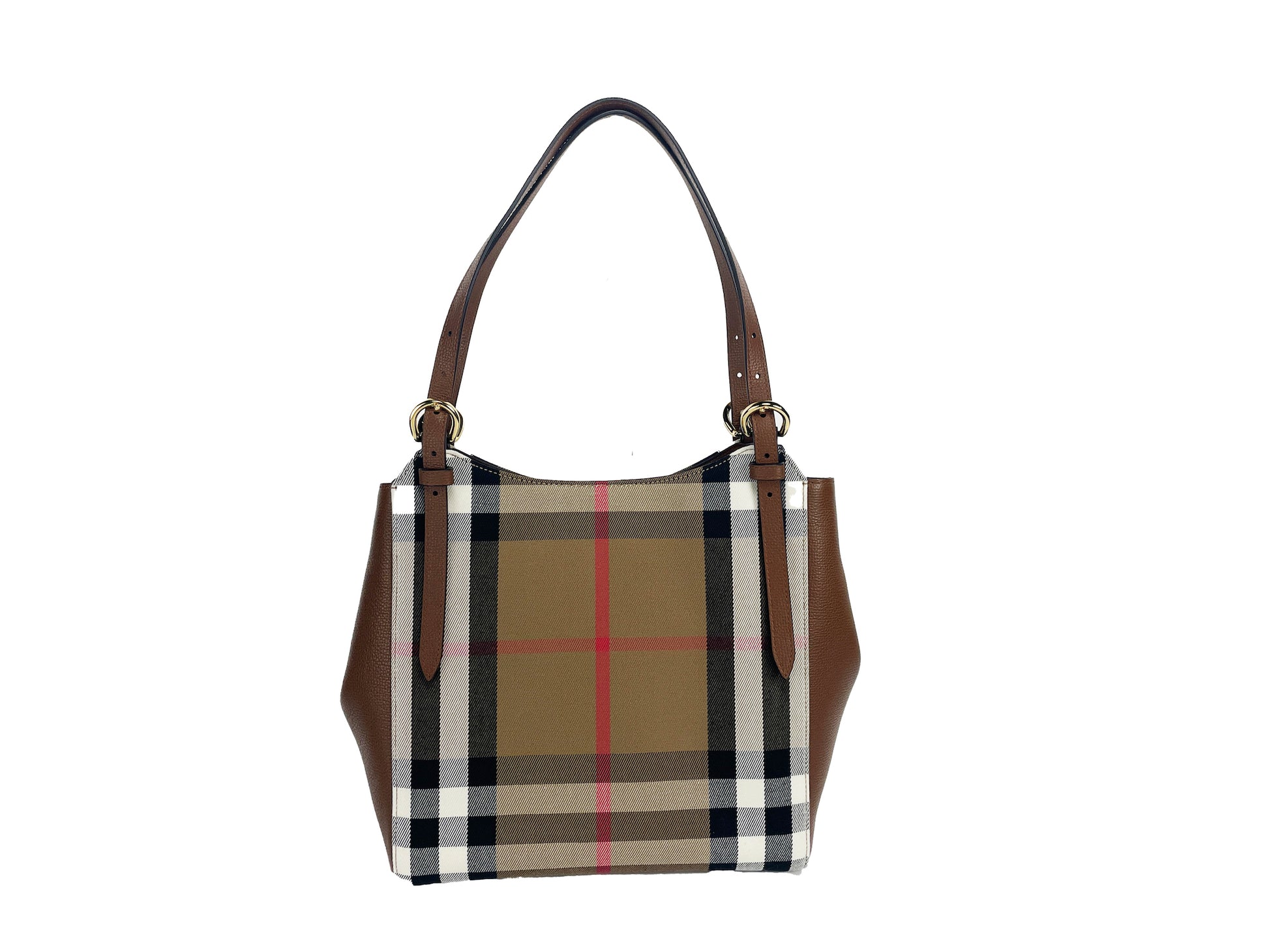 Bolso tote pequeño de lona a cuadros de cuero color canterby de Burberry