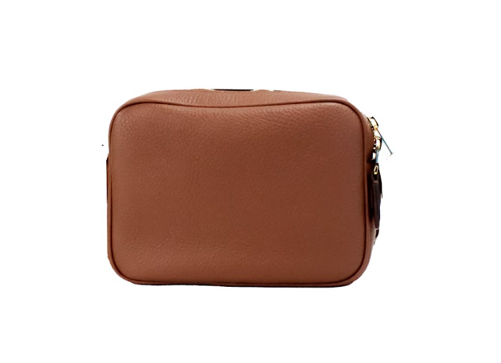Bolso bandolera pequeño de cuero marrón tostado con marca para cámara