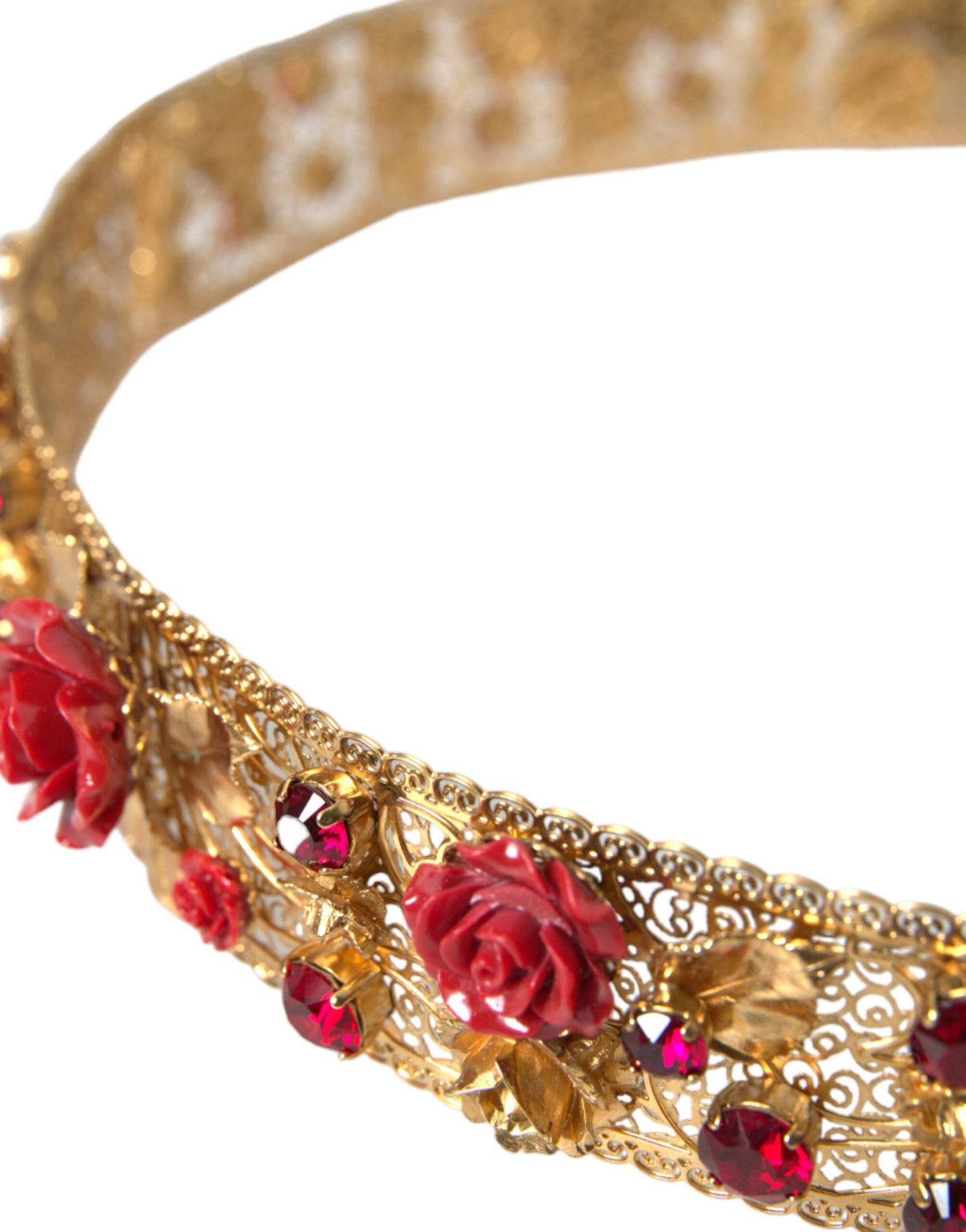 Cinturón con cristales y rosas rojas de latón dorado de Dolce &amp; Gabbana