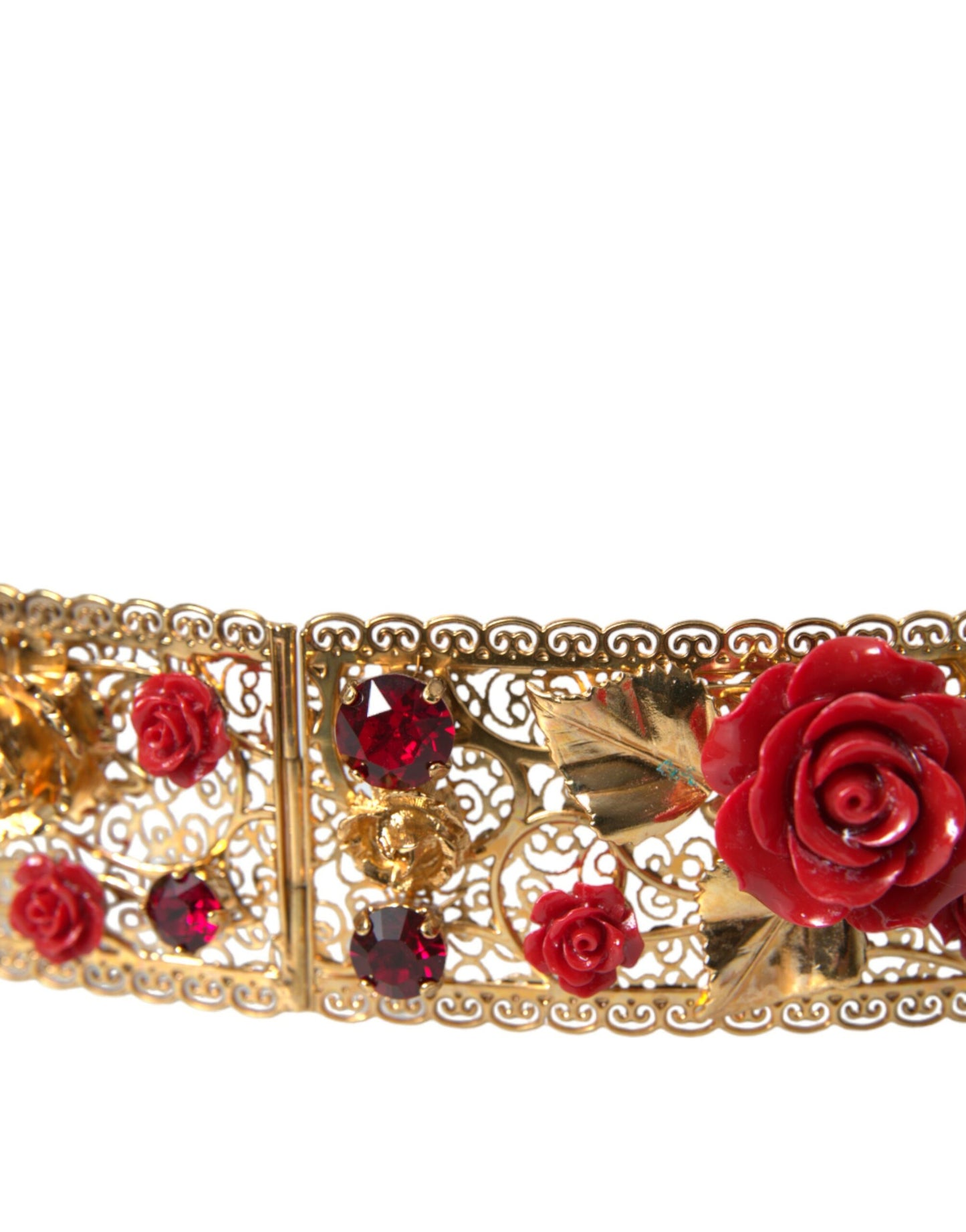 Cinturón con cristales y rosas rojas de latón dorado de Dolce &amp; Gabbana