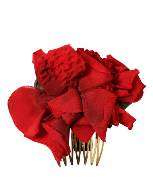 Peine de pelo de mujer de latón dorado floral de seda roja