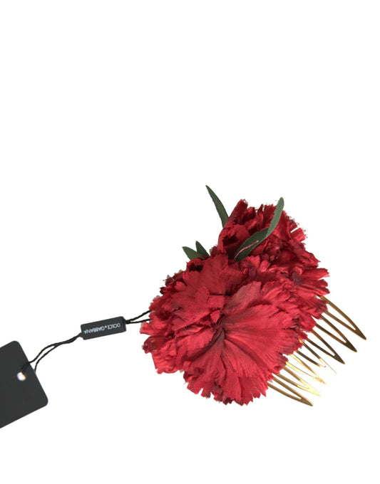 Peine de pelo de mujer de latón dorado floral de seda roja