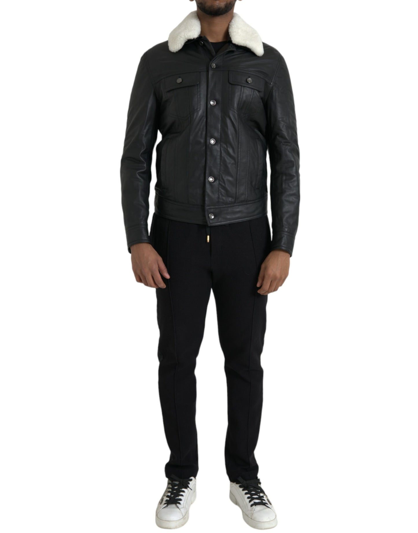 Chaqueta biker con cuello de piel de color negro de Dolce &amp; Gabbana