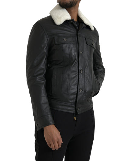 Chaqueta biker con cuello de piel de color negro de Dolce &amp; Gabbana