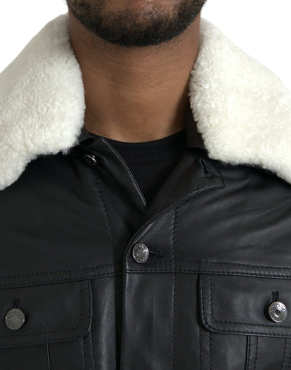 Chaqueta biker con cuello de piel de color negro de Dolce &amp; Gabbana