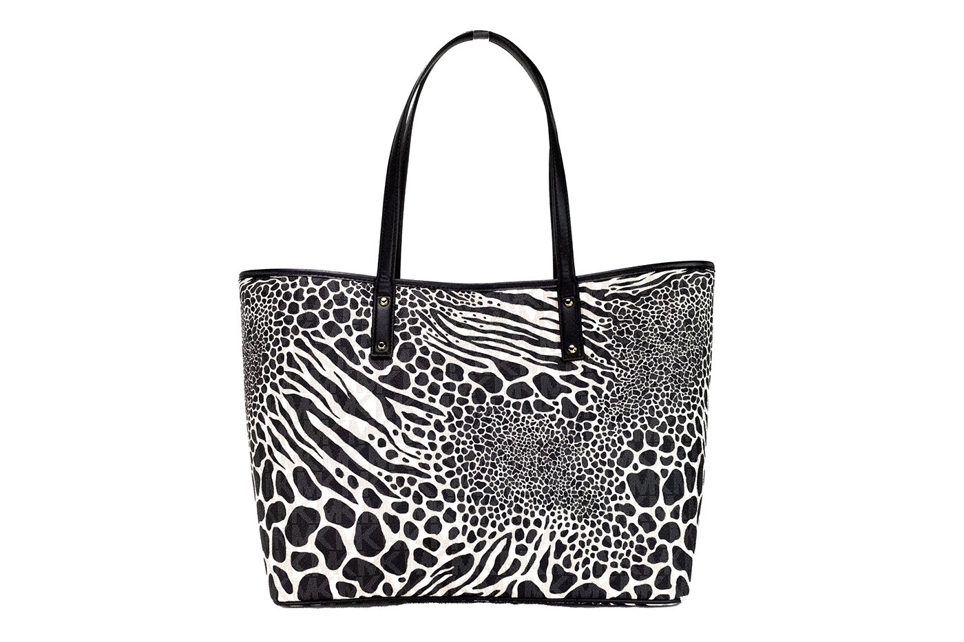 Bolso de hombro tipo tote abierto de PVC con estampado animal negro grande Carter