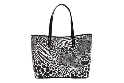 Bolso de hombro tipo tote abierto de PVC con estampado animal negro grande Carter