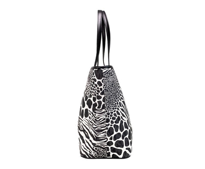 Bolso de hombro tipo tote abierto de PVC con estampado animal negro grande Carter