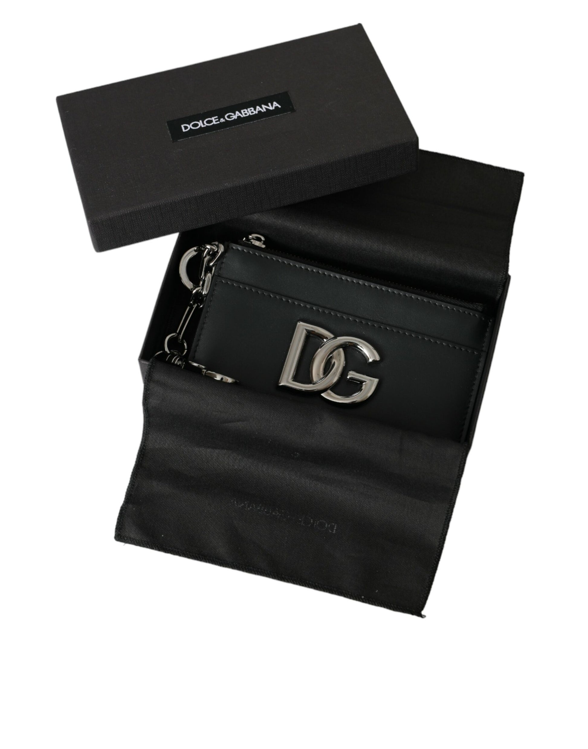 Cartera con tarjetero y tarjetero con logo DG en piel de becerro negra para hombre