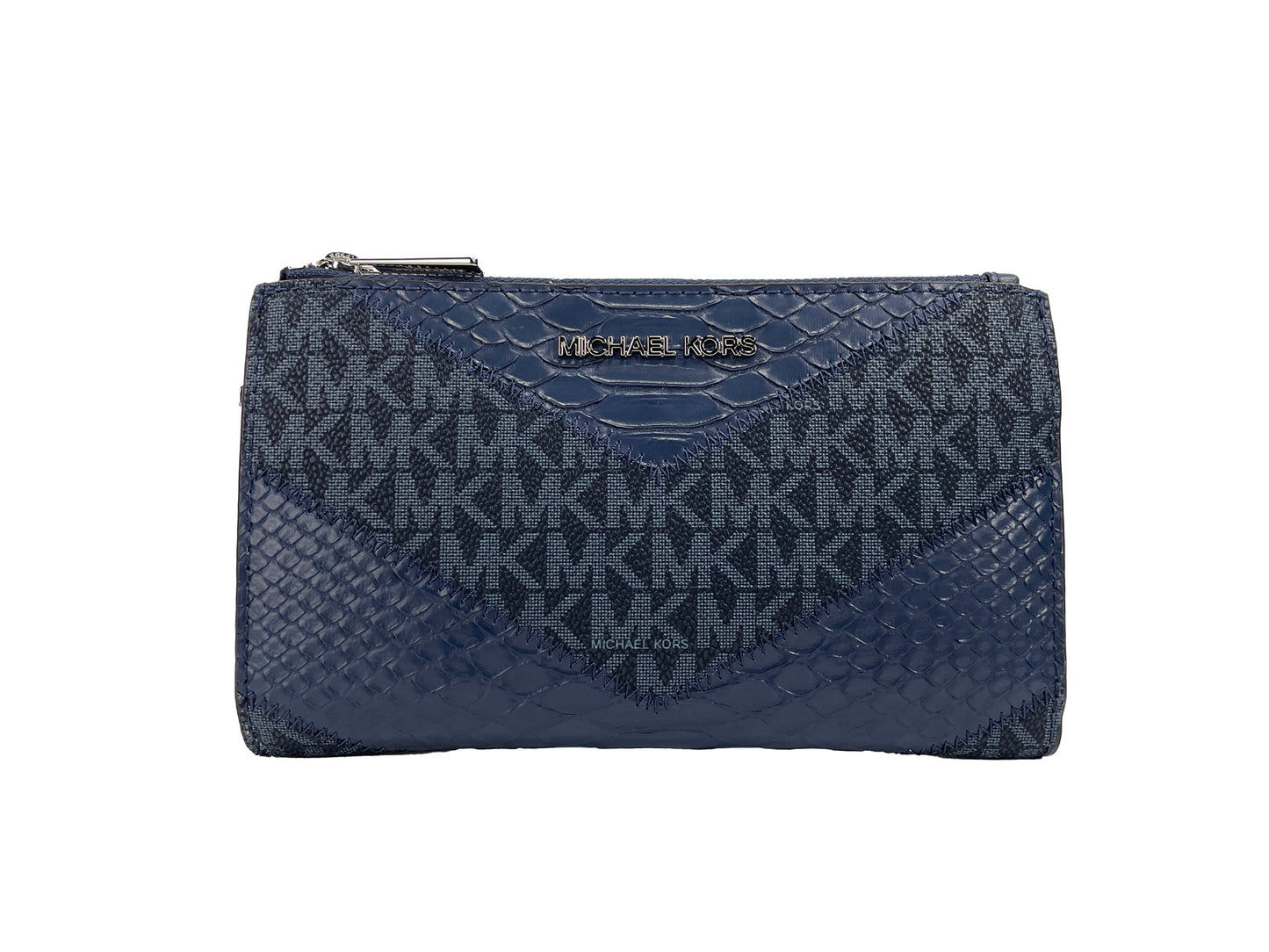 Cartera tipo pulsera Jet Set grande de pitón azul marino con doble cremallera