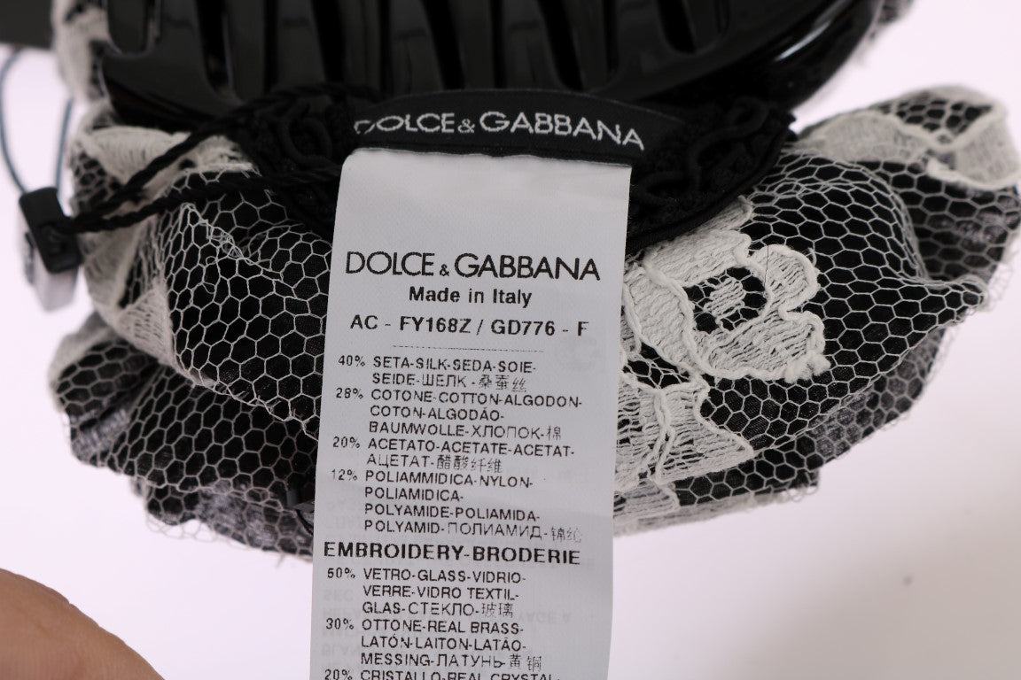 Pinza para el pelo elegante con encaje floral en blanco y negro y cristales de Dolce &amp; Gabbana