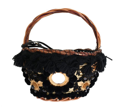 Bolso tipo cubo elegante de piel de serpiente en paja beige y negra de Dolce &amp; Gabbana