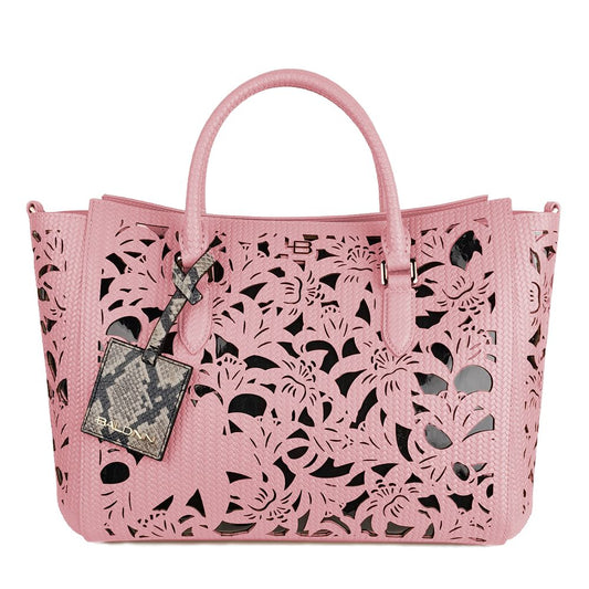 Elegante bolso de piel de becerro rosa con detalles florales