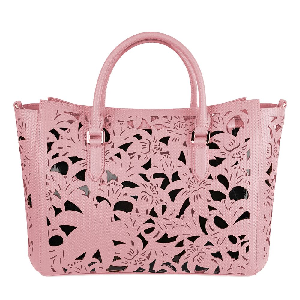 Elegante bolso de piel de becerro rosa con detalles florales