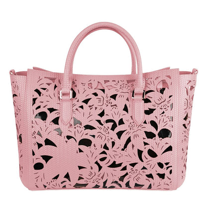 Elegante bolso de piel de becerro rosa con detalles florales