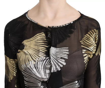 Dsquared² Gold Silver Silk Jacquard See Through Top Blouse