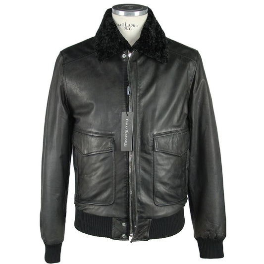 Chaqueta elegante de cuero negro con cremallera de Emilio Romanelli