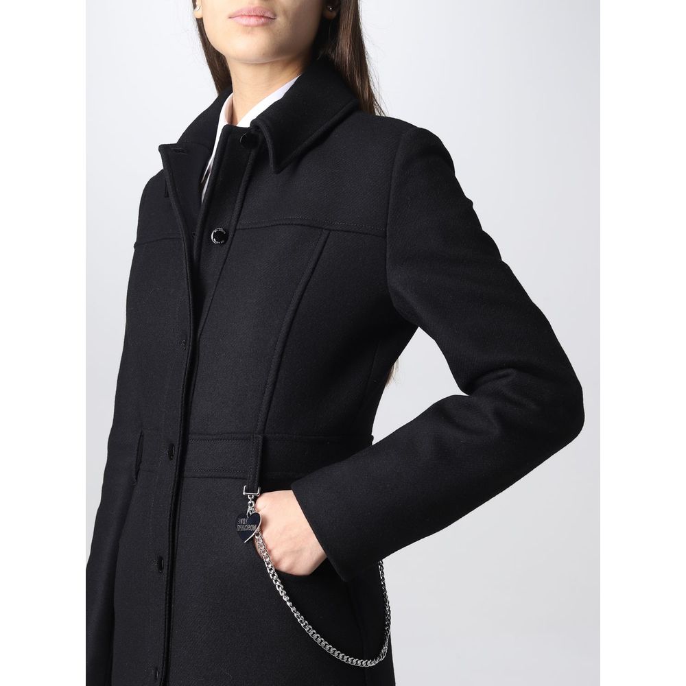 Love Moschino Elegant Black Wool Coat with Silver Chain Detail