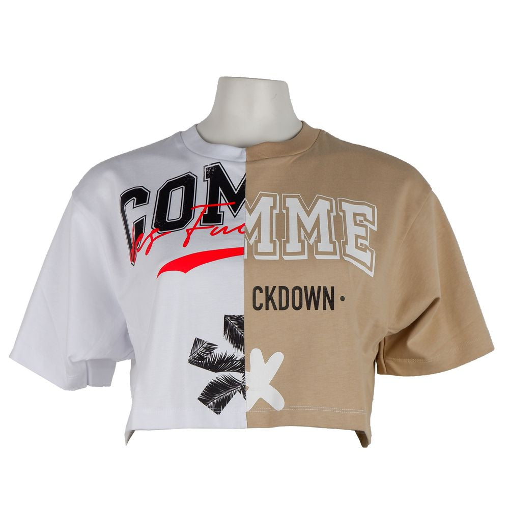 Camiseta beige con logo de alta costura y estampado de dos tonos de Comme Des Fuckdown