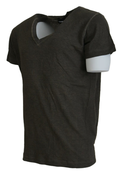 Camiseta de manga corta con cuello en V de lino y algodón gris de Dsquared²