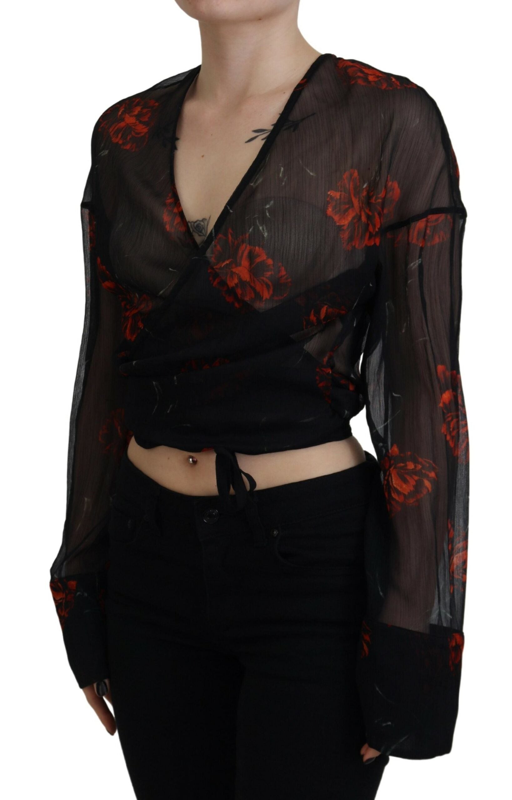 Dsquared² Black Floral Print Cropped Wrap Long Sleeves Top