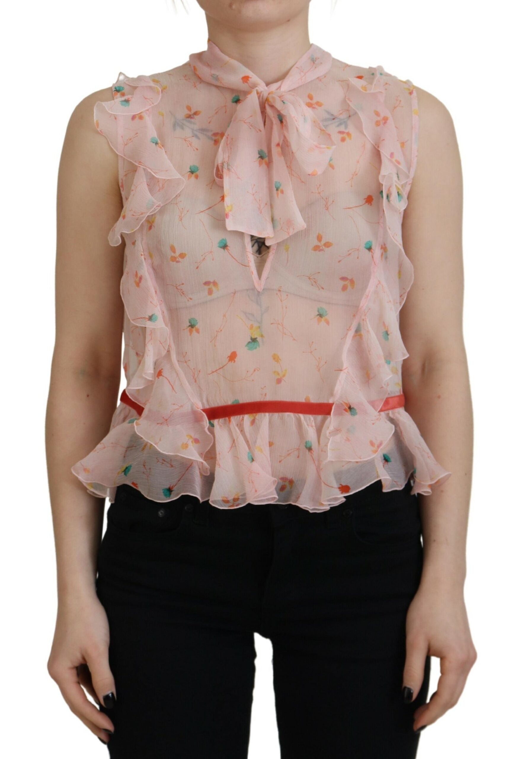 Top de seda sin mangas con cuello Ascot y estampado floral en color rosa de Dsquared²