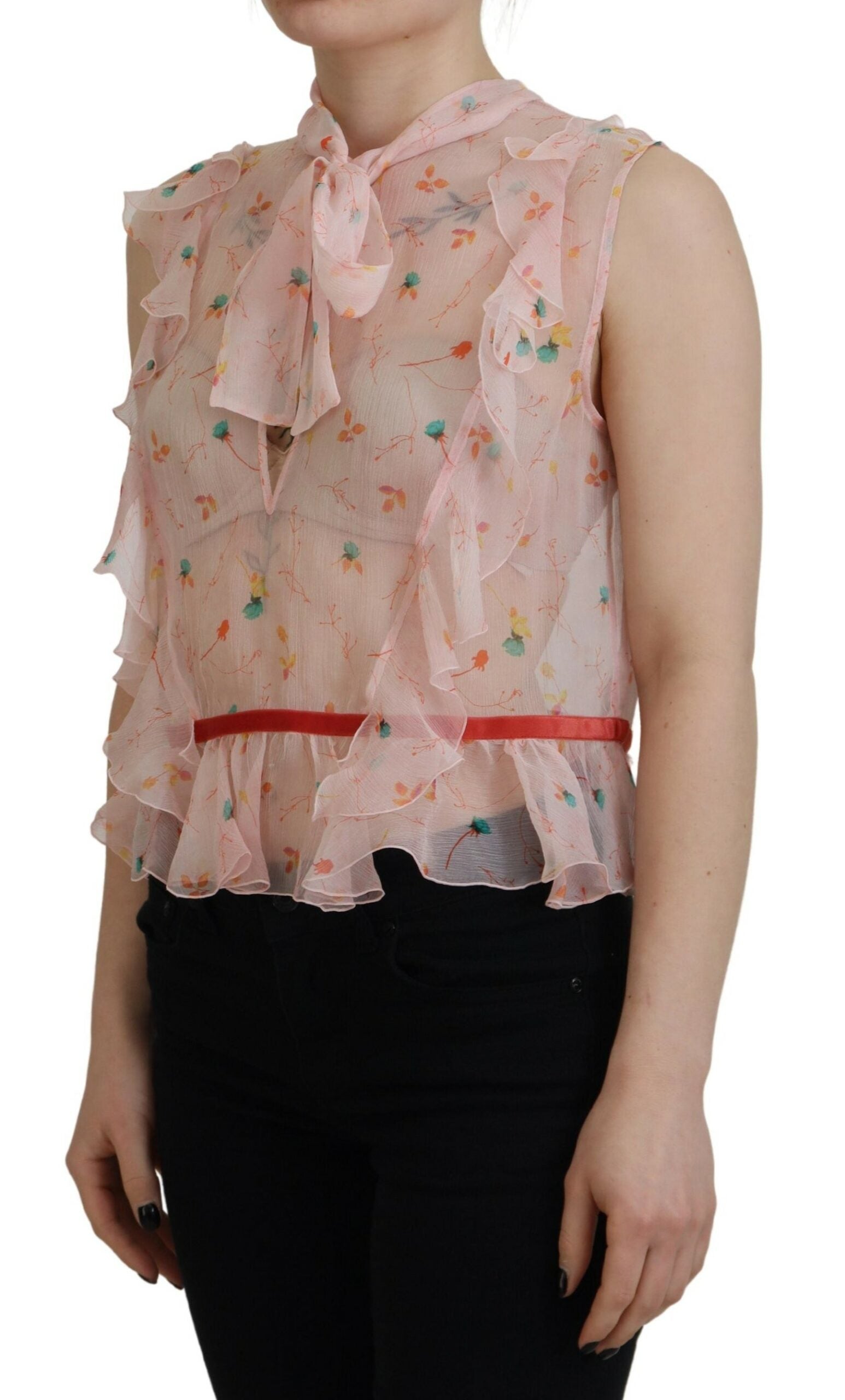 Top de seda sin mangas con cuello Ascot y estampado floral en color rosa de Dsquared²