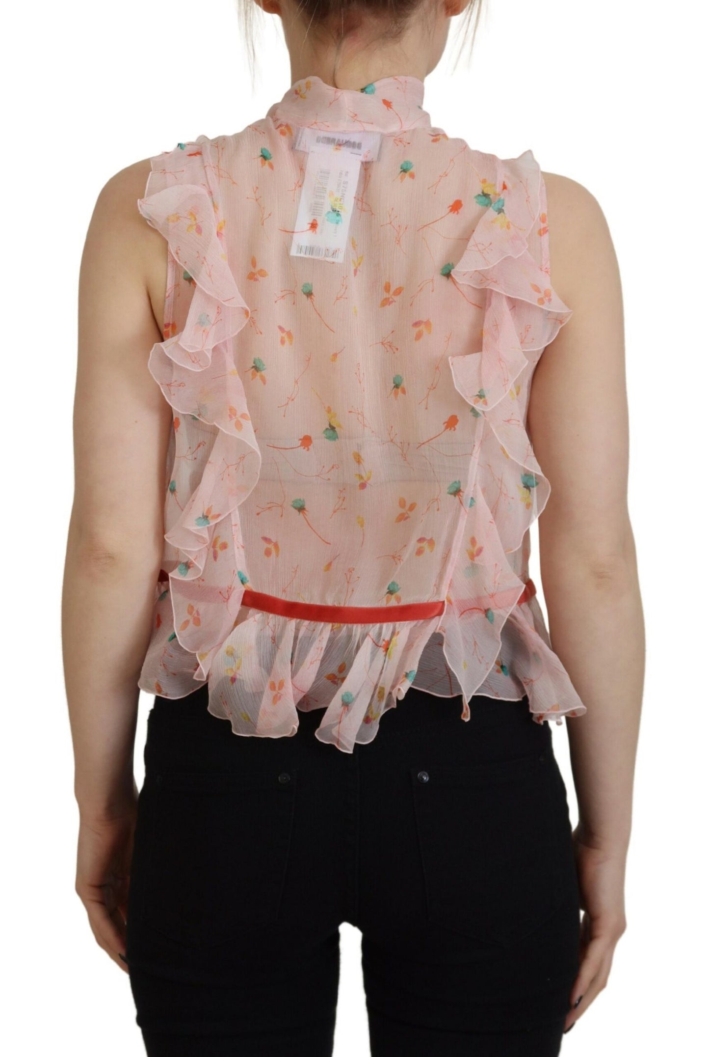 Top de seda sin mangas con cuello Ascot y estampado floral en color rosa de Dsquared²