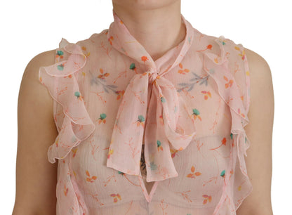 Top de seda sin mangas con cuello Ascot y estampado floral en color rosa de Dsquared²