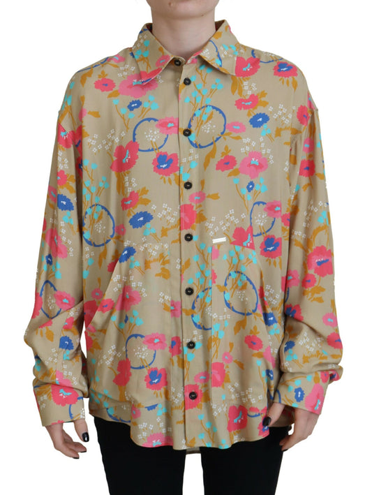 Camisa de manga larga con botones y cuello con estampado floral en beige de Dsquared²