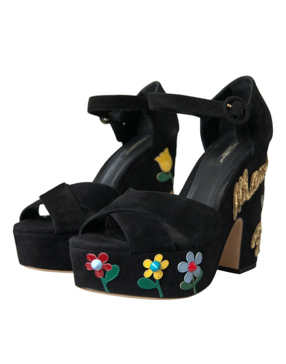 Sandalias de tacón con tiras en el tobillo de ante negro de Dolce &amp; Gabbana