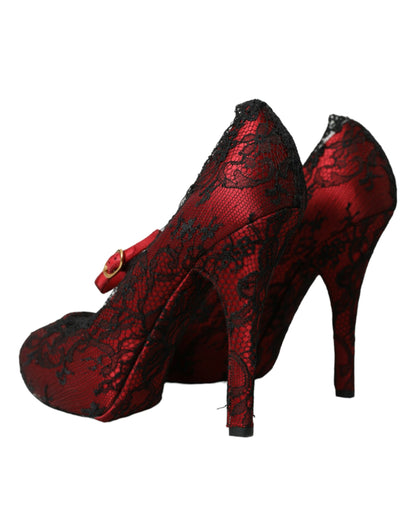 Zapatos Mary Jane con encaje floral en rojo y negro de Dolce &amp; Gabbana