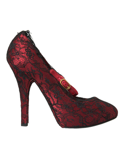 Zapatos Mary Jane con encaje floral en rojo y negro de Dolce &amp; Gabbana