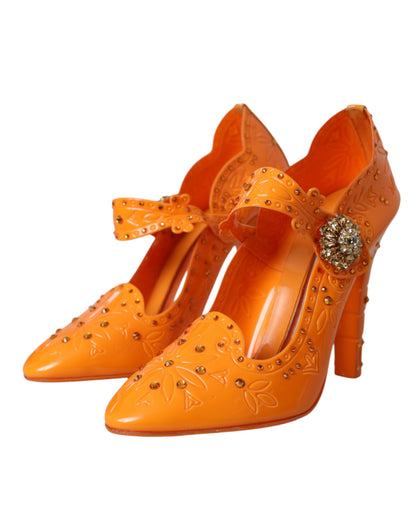 Zapatos de salón con cristales y diseño floral de la Cenicienta en color naranja de Dolce &amp; Gabbana