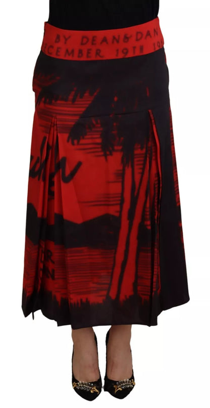 Dsquared² Red Printed High Waist A-line Pleated Midi Skirt