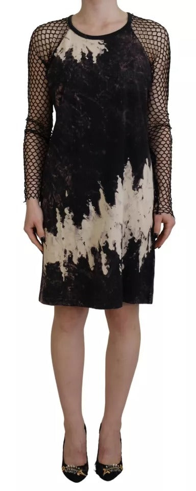 Vestido recto de algodón con mangas largas y malla con efecto tie dye en color negro de Dsquared²