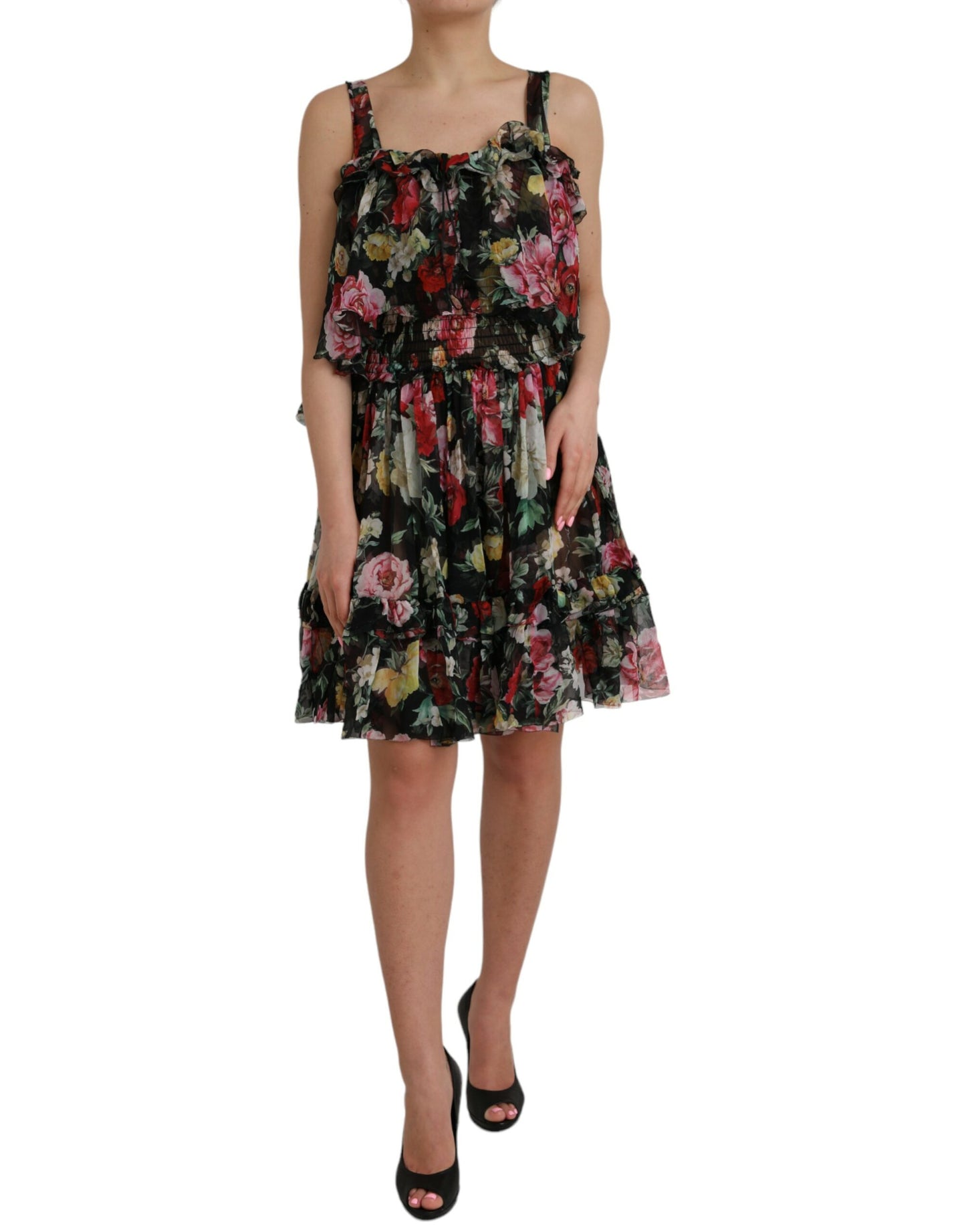 Vestido sin mangas de seda con estampado floral negro de Dolce &amp; Gabbana